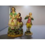 Two 19th century figures to include an early 19th century figure of a man playing his flute, 4 1/4"