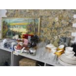 A mixed lot to include an oil painting, French glassware, marble kitchen items, a carriage clock and