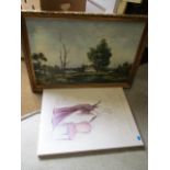 Two pictures to include a modern Laura Ashley picture and a large oil painting, framed