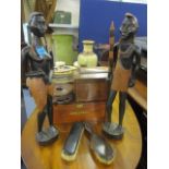 African figures and ebonized brushes, together with a Regency walnut tea caddy and a 1971 cigar box