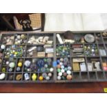 A printers tray containing an interesting lot of vintage marbles, costume jewellery to include a