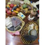 Onyx, treen and soapstone items, together with stone specimens, shell boxes and baskets