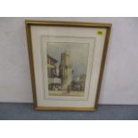 In the manner of Samuel Prout - watercolour, a view of a monument with figures, framed and glazed,