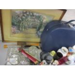 A mixed lot to include blue vintage case, with clothes brush, a magnifying glass, a horn beaker with