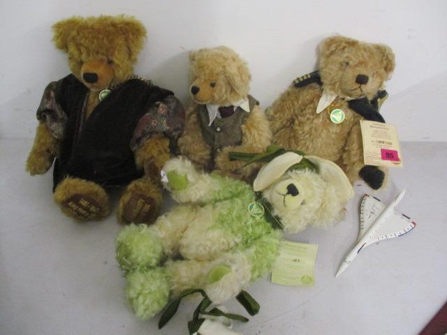 Four German Hermann teddy bears to include Concorde Memorial bear with Concorde model, Snowdrop,