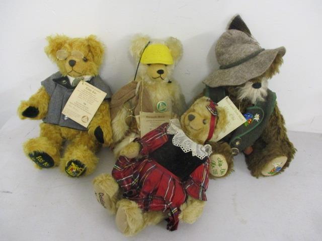 Four German Hermann teddy bears to include Beach Boy, Goldilocks, Eddi Bar and Alp-ohi