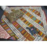 A large hand made bed quilt and other items