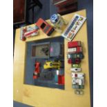 A selection of toys to include a model R2D2, a Dinky Toys Mercedes Benz, a wooden truck and other