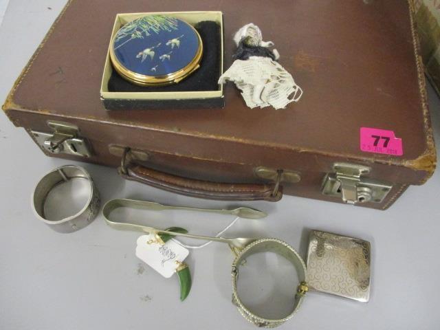 A mixed lot to include a pair of Nephrite earrings, white metal bangles, a doll and other items