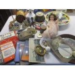 A Peter Rabbit ceramic table lamp, ephemera, Danbury Mint cottages, a vintage doll, a small amount