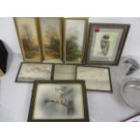 Eight mixed pictures to include three oils on board, signed indistinctly to the lower left corner,