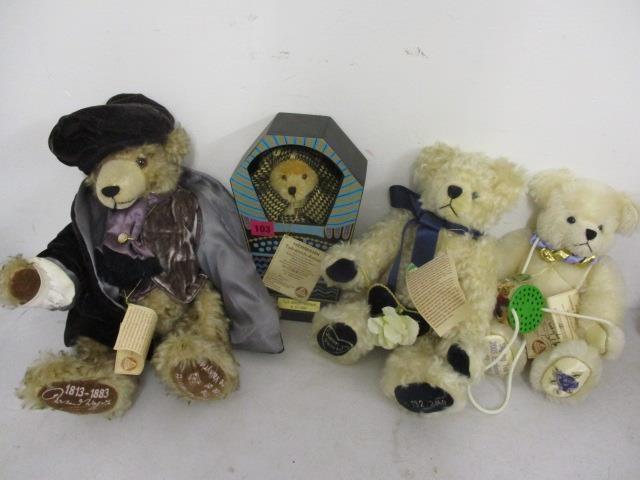 Four German Hermann teddy bears to include Purple Rose signing Tour bear, Princess Diana, Tuta-