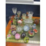 Mixed glassware to include four Wedgwood glass candlesticks, paperweights and other items