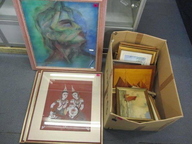 Mixed pictures to include an abstract portrait, signed Carling 93 to the lower left corner