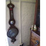 A Victorian oak wheel barometer A/F, 41"h and two 19th century figures to include an early 19th