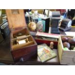 A Victorian mahogany cash till, alongside a mixed lot of childrens items to include a table tennis