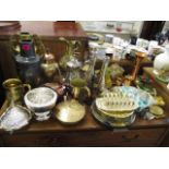 A selection of metalware to include brass, silver plate and other items including clocks