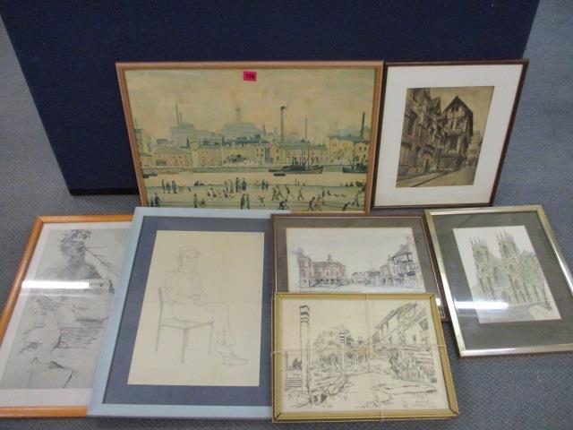A Lowry print 'A Northern River Scene', together with various sketches, prints and a coloured