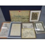 A Lowry print 'A Northern River Scene', together with various sketches, prints and a coloured