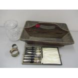 A mixed lot to include three silver teaspoons and three silver cake forks, a Victorian pine
