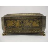 A late 19th century Chinese black lacquered and gilt sewing box with canted corner and a hinged