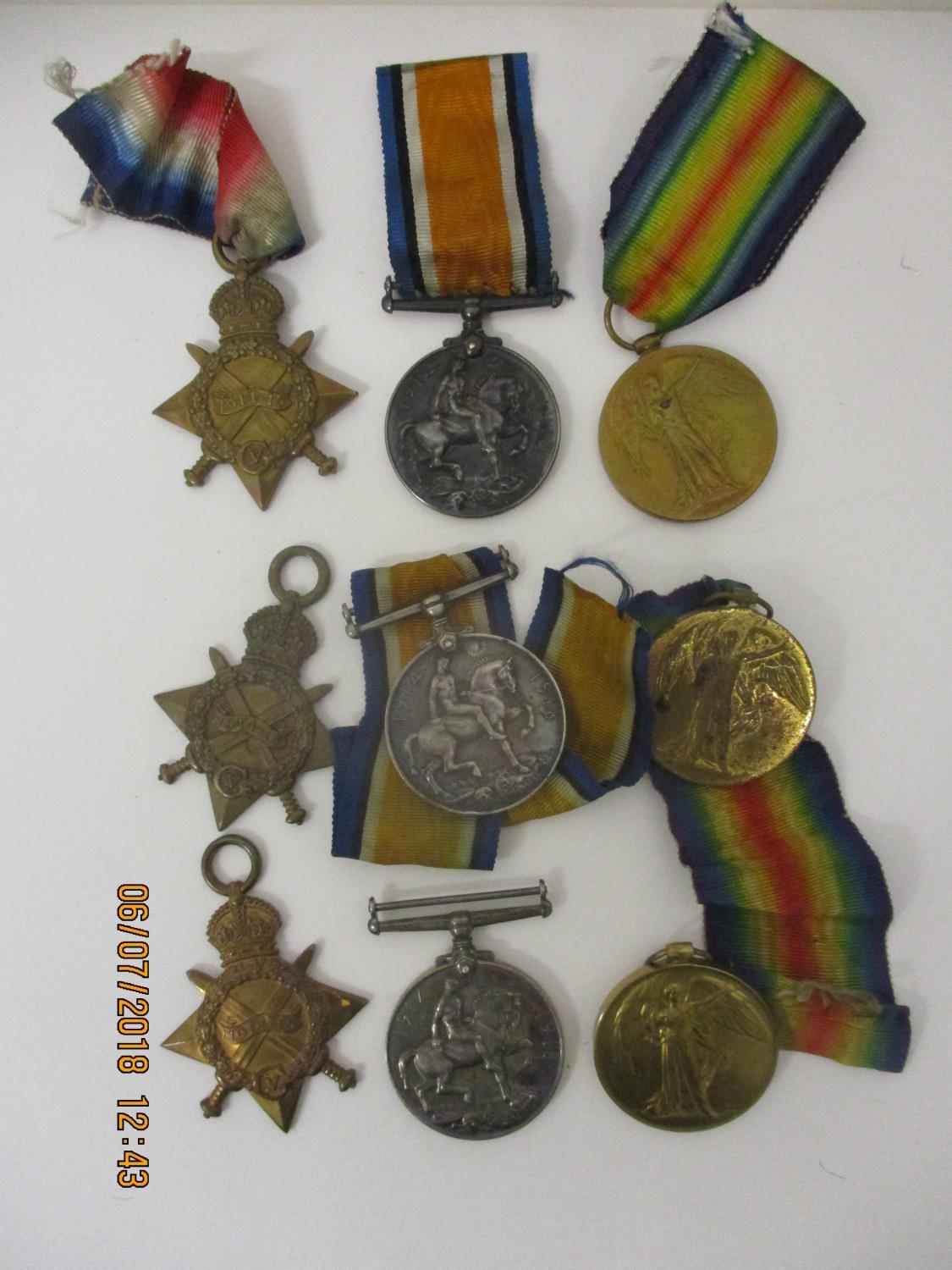 Three groups of WW1 Victory British War and 1914-1915 Star medals, one set inscribed 1442 PTE T