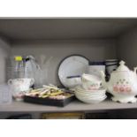 Cut glass, fish knives and forks, a Victorian teapot, tea cups, saucers and mixed china