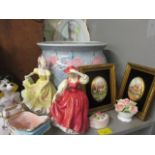 A Royal Doulton figure, mixed ceramics and two mounted, oval pictorial plaques