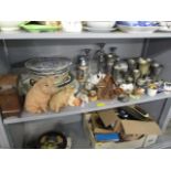A mixed lot to include model pigs, silver plate, tankards, plates, a clock and other items
