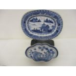 Two late 18th century Chinese blue and white dishes, one with a lobed edge decorated with a garden