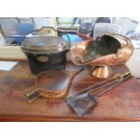 A selection of cooking and fireplace implements to include a Francis N, London, iron cooking pot
