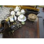 A mixed lot to include a part Japanese egg shell tea set, a pair of Chippendale Bakelite salt and