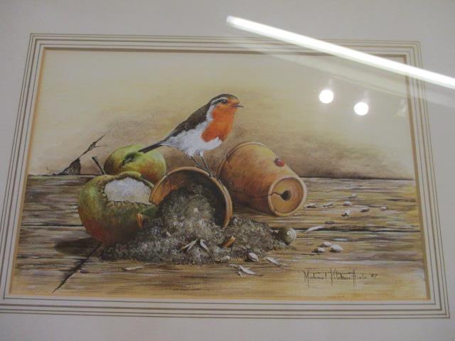 Michael Kitchen Hurl - Robin resting on a flowerpot, watercolour, 9" x 15", signed and dated lower