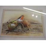 Michael Kitchen Hurl - Robin resting on a flowerpot, watercolour, 9" x 15", signed and dated lower