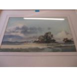 Dennis Panett - a framed and glazed watercolour depicting a barn with a farm cottage in the