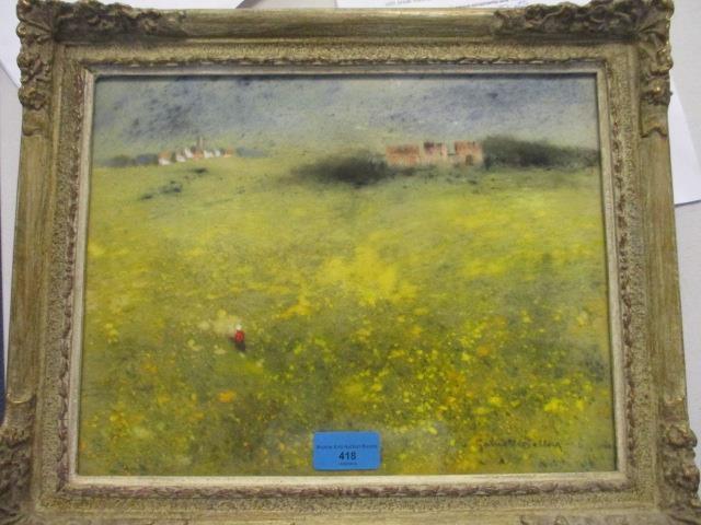 Gabriel Bellocq - Castle and meadow, watercolour, 9" x 12", signed lower right, in a gilt framed - Image 2 of 2