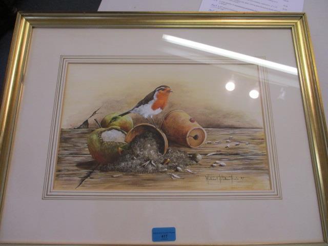 Michael Kitchen Hurl - Robin resting on a flowerpot, watercolour, 9" x 15", signed and dated lower - Image 2 of 2