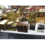 Mixed metalware to include a fire screen, boxes with brass and copper fittings, a model seat, a