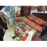 A pair of retro curtains, a mid 20th century French eiderdown, haberdashery items to include