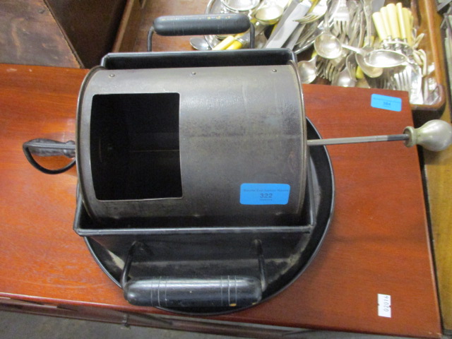 A continental coffee bean/nut roaster, in a black tin, with ebonized handles