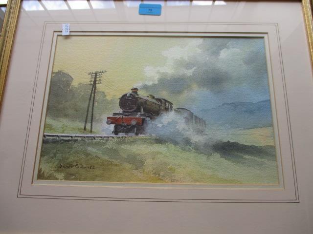 Dennis Pannett - a framed and glazed watercolour depicting a Steam logo pulling carriages