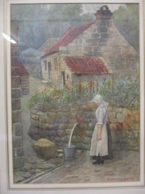 S Saville Smith - a view of a woman filling a bucket with water and buildings beyond, watercolour