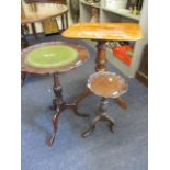 A late Georgian tripod table with vase shaped column, scrolled legs, 29" h and two others