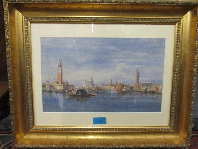 A mid to late 20th century watercolour of a Venetian waterway scene, unsigned, mounted and framed