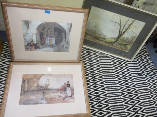 Two Russell Flint prints and a woodland watercolour