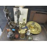 A mixed lot to include a pair of spelter figures, brass candlesticks and other items