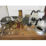 Vintage tins of burning oil to include Kirmer, vintage coffee percolator, a lighter, metalware to