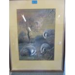 Michael Kitchen Hurl - a framed and glazed watercolour depicting badgers in a badger set