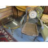 Two glass topped, brass framed coffee tables, together with a pair of garden chairs