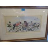 Harry Bright 1891 - a framed and glazed watercolour depicting bullfinches and bluetits, 8 1/2" x